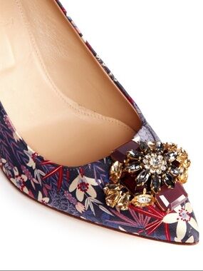 J. Crew Collection Navy Floral Pointed Toe Heel with Jeweled Brooch 8.5
